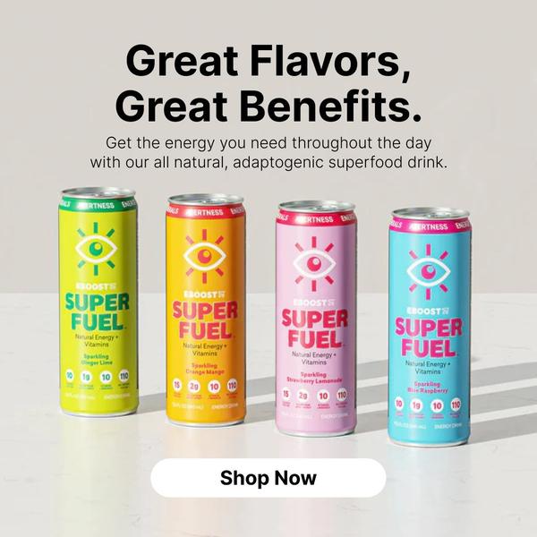 This creative showcases four different energy drink flavors aligned in a professional studio setting with a clean, high-contrast headline.